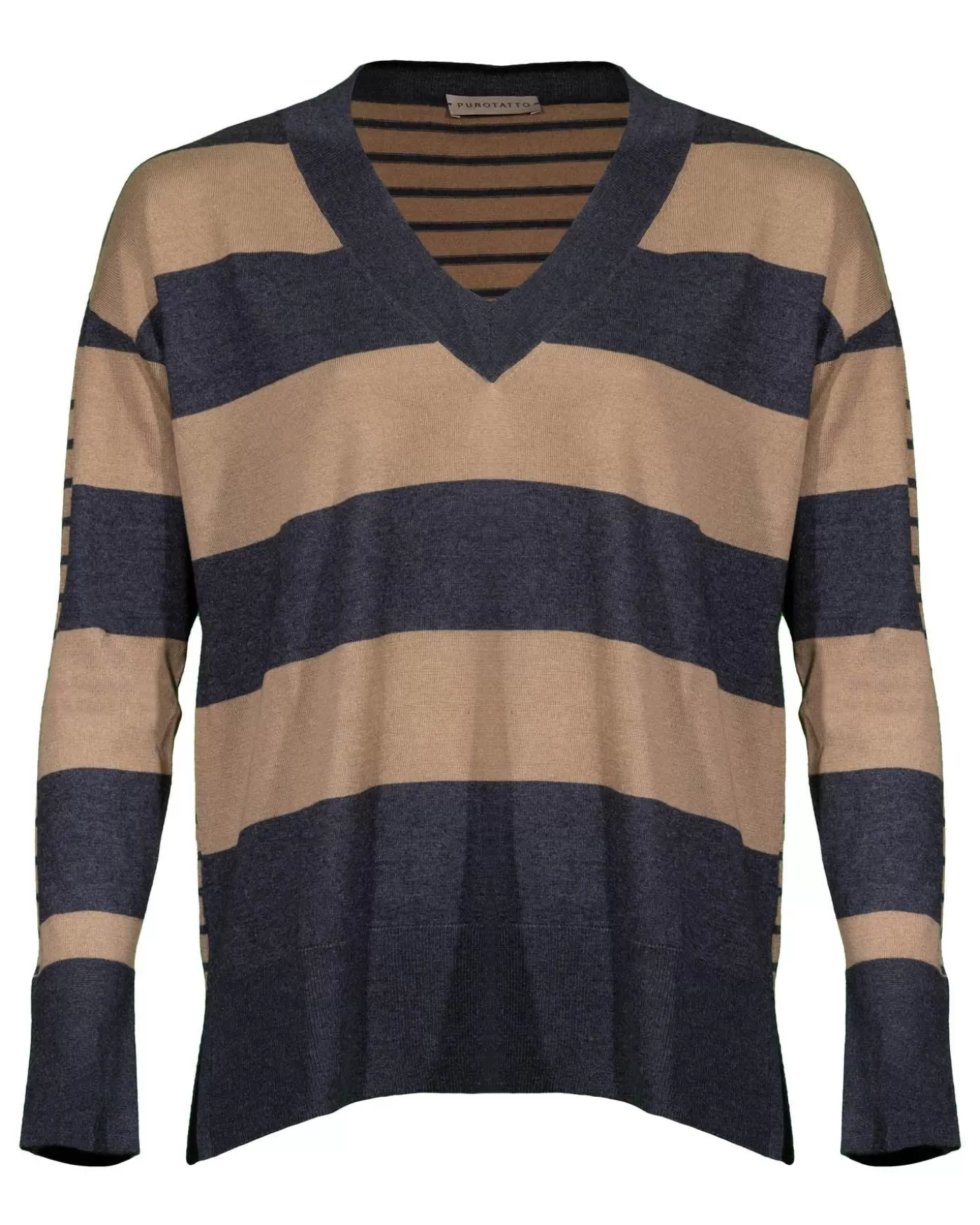 Purotatto Contrast Stripe V-Neck Sweater CHARCOAL/CAMEL Sale