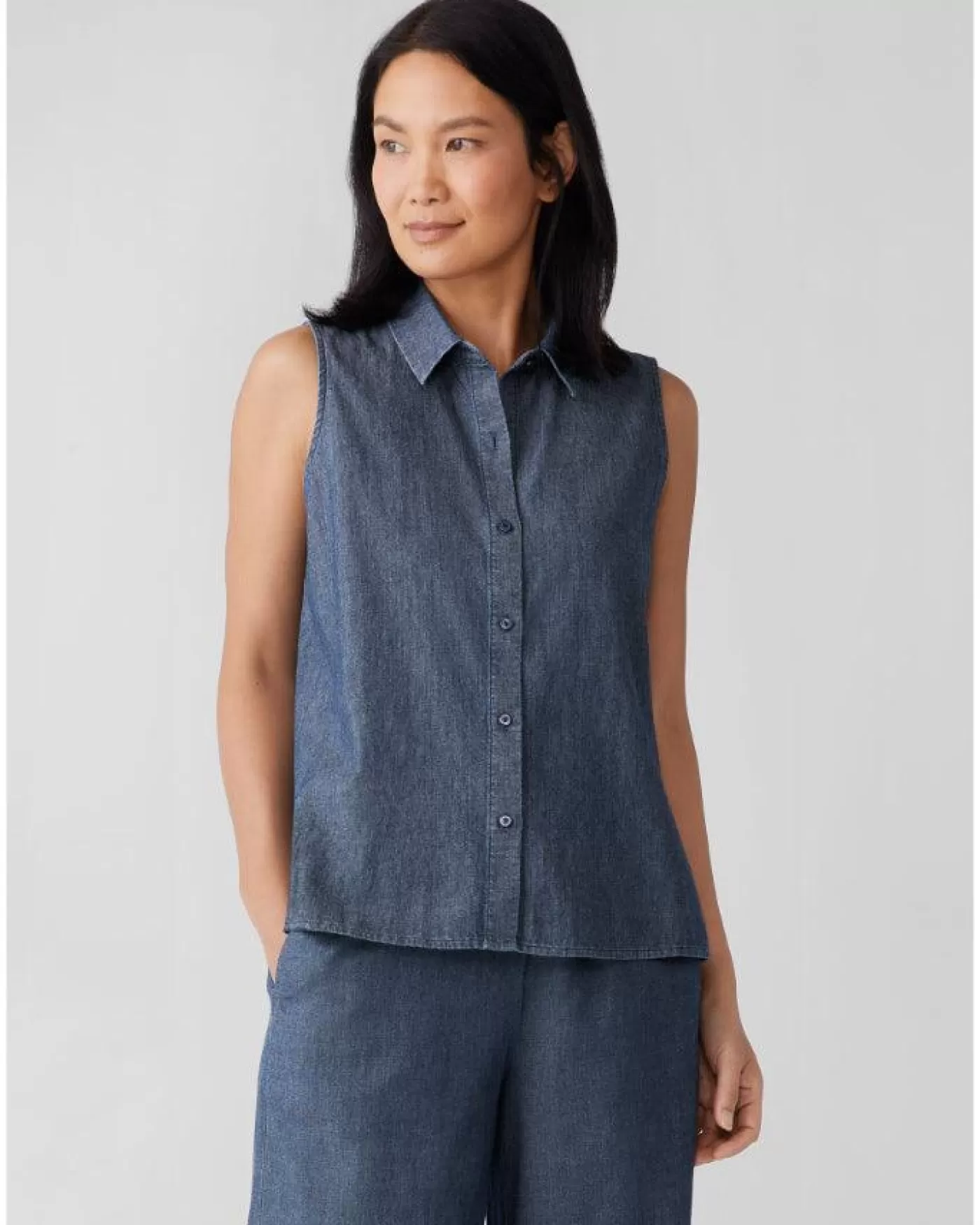 Eileen Fisher Classic Collar Sleeveless Shirt Denim Cheap