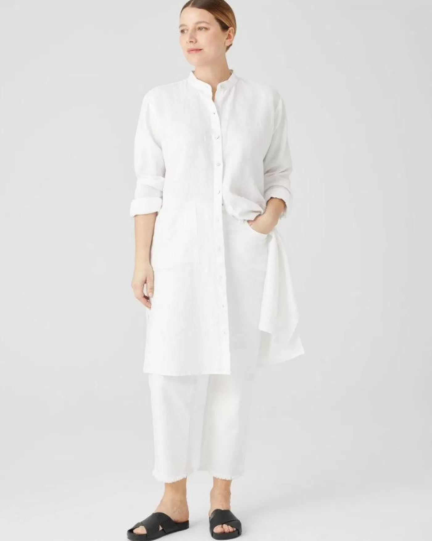 Eileen Fisher Organic Linen Mandarin Collar Dress White Sale