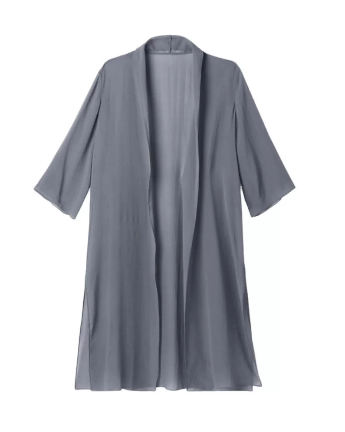 Eileen Fisher Sheer Silk High Collar Long Jacket STEEL Clearance