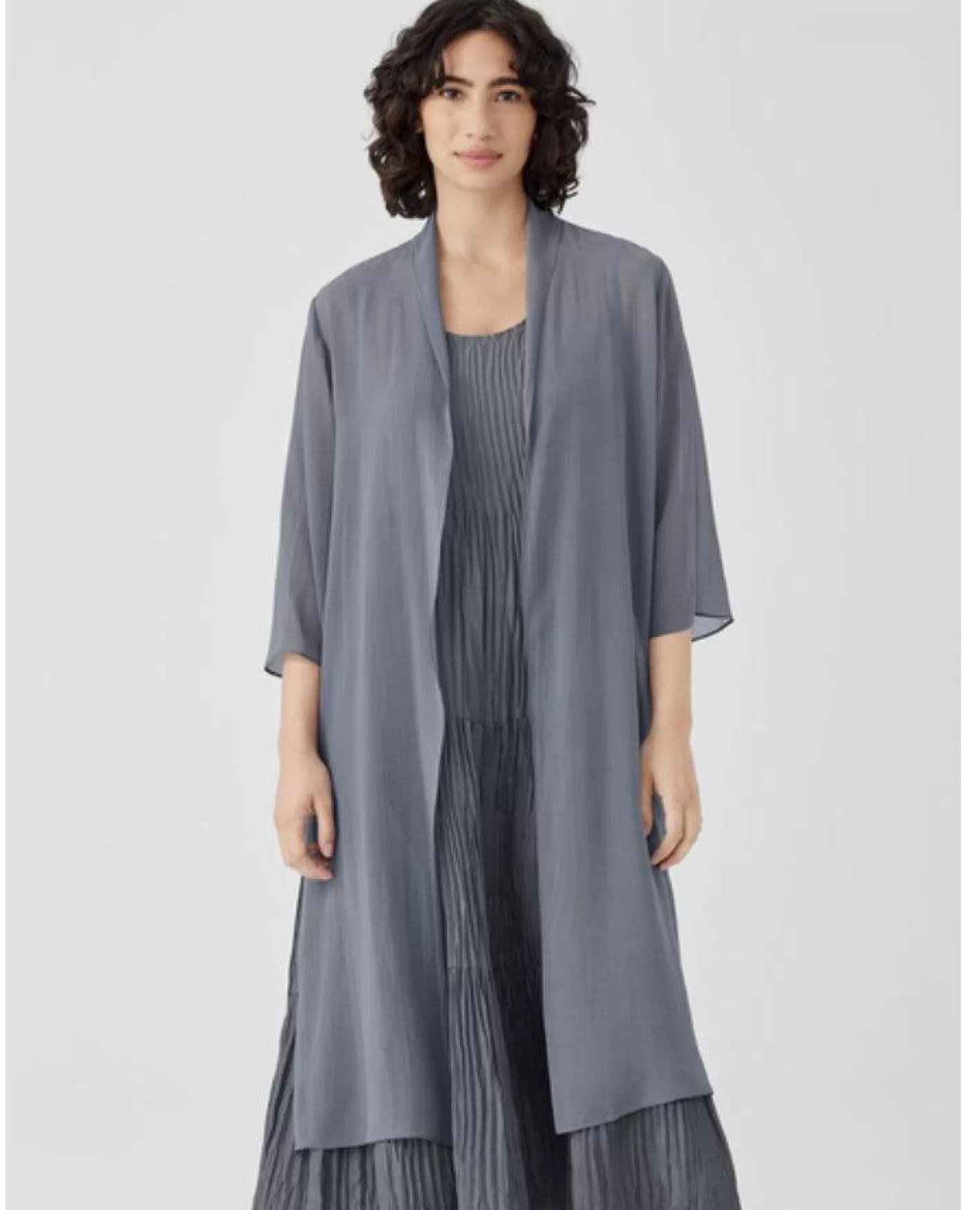 Eileen Fisher Sheer Silk High Collar Long Jacket STEEL Clearance