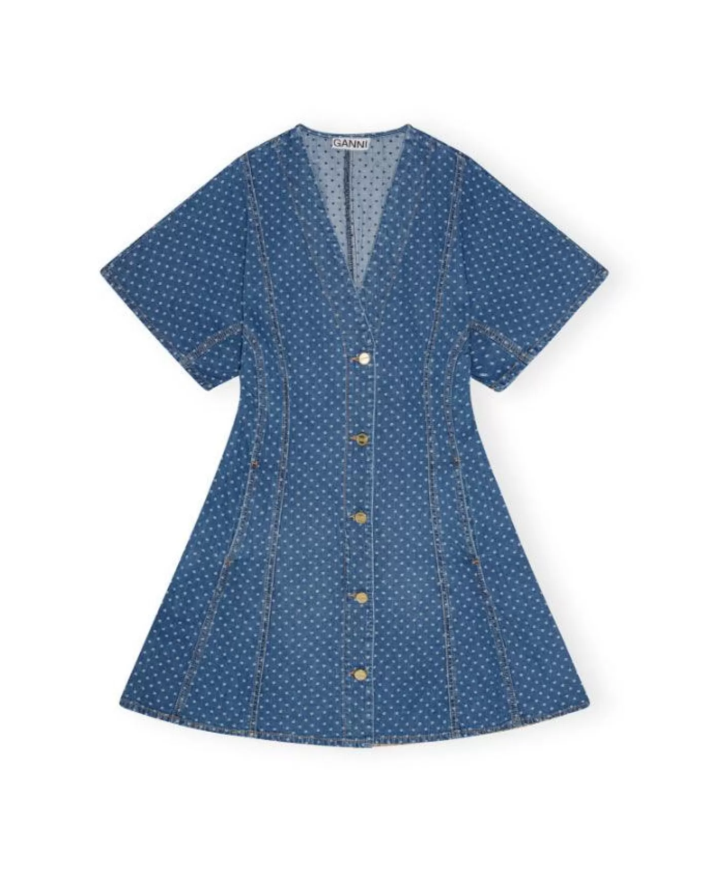 Ganni Polka Dot Denim Mini Dress 566-MIDBLUESTONE Best Sale