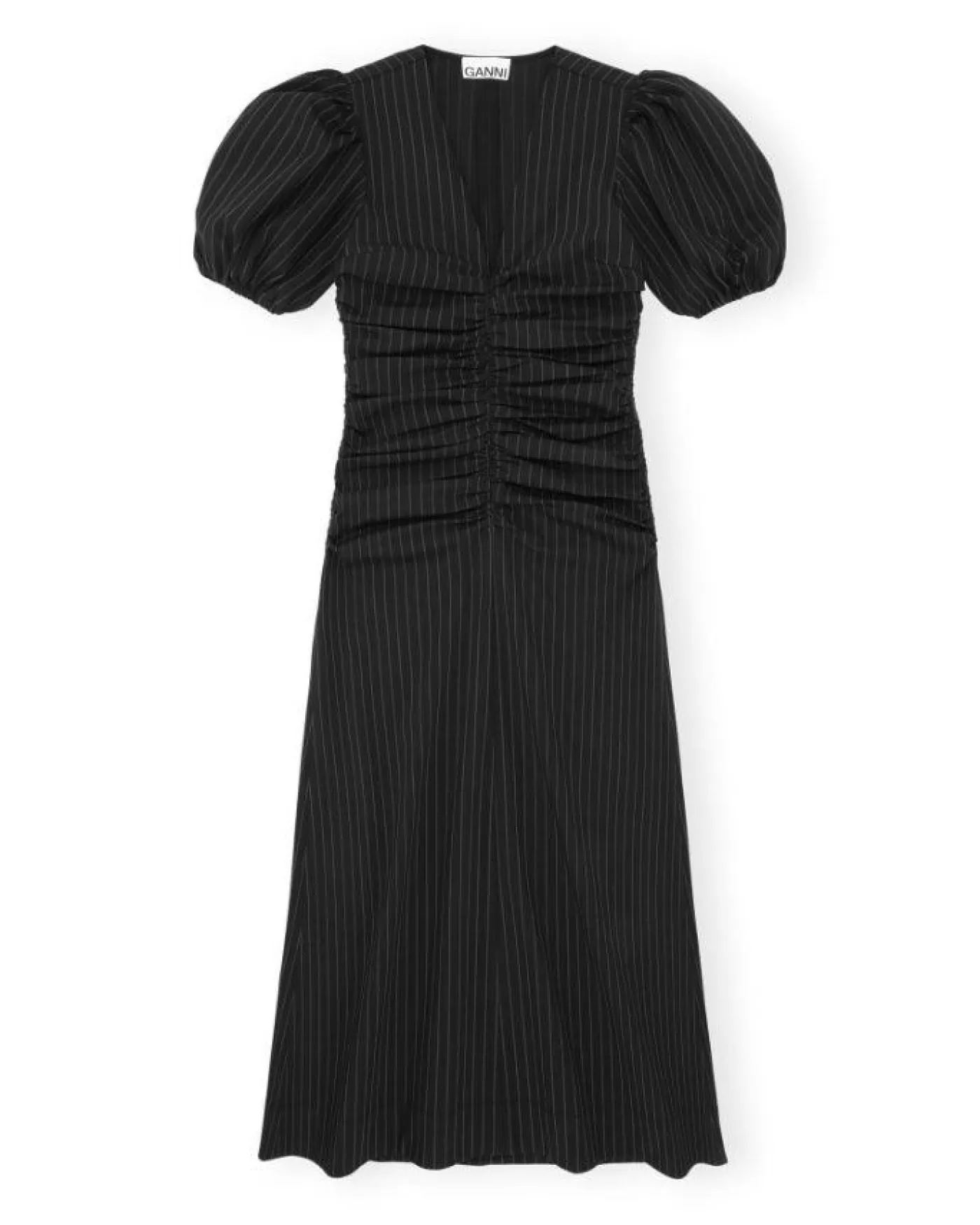 Ganni Stretch Stripe Gathered Long Dress BLACK Best Sale