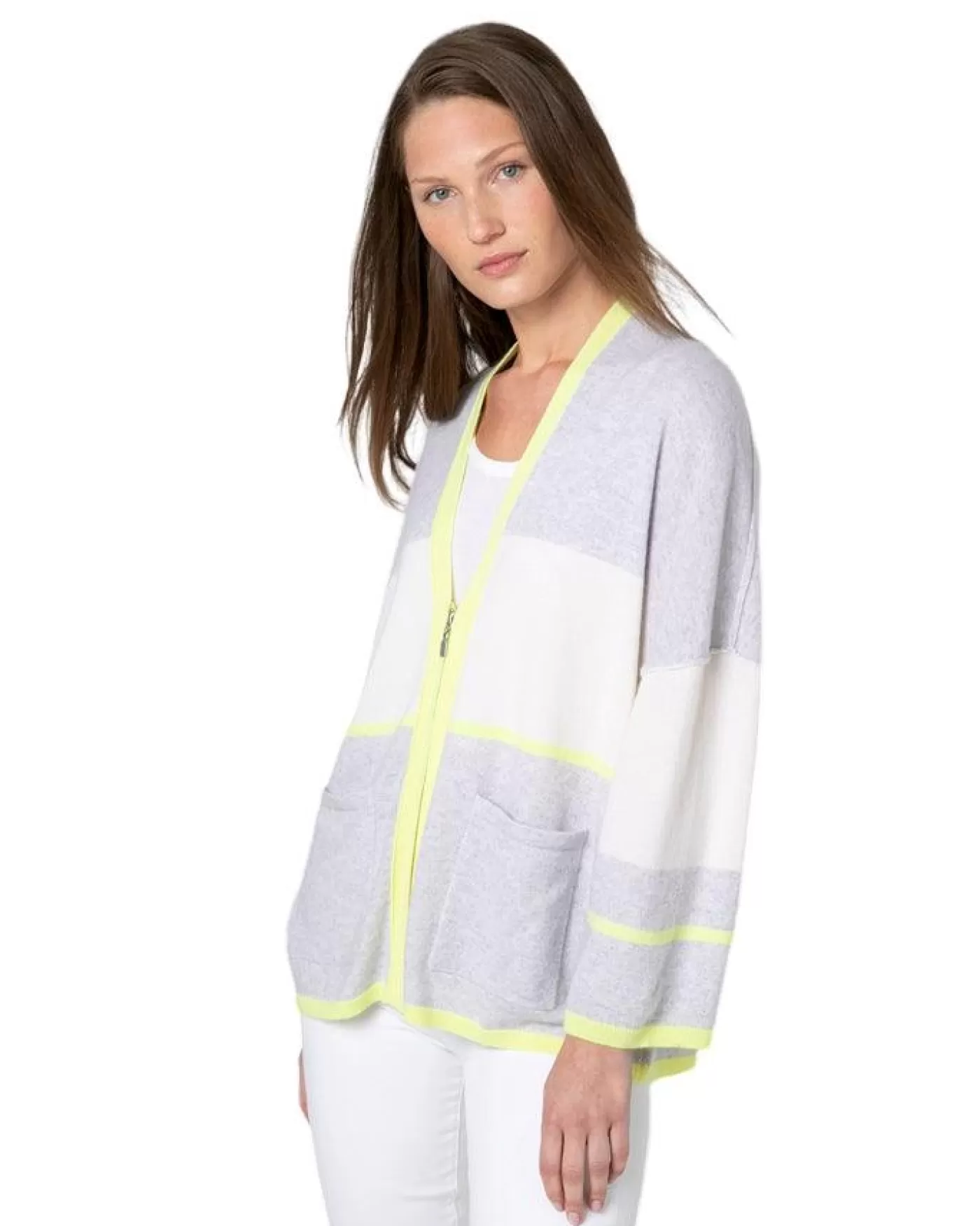 Kinross Cashmere Color Block Zip Cardigan Fashion