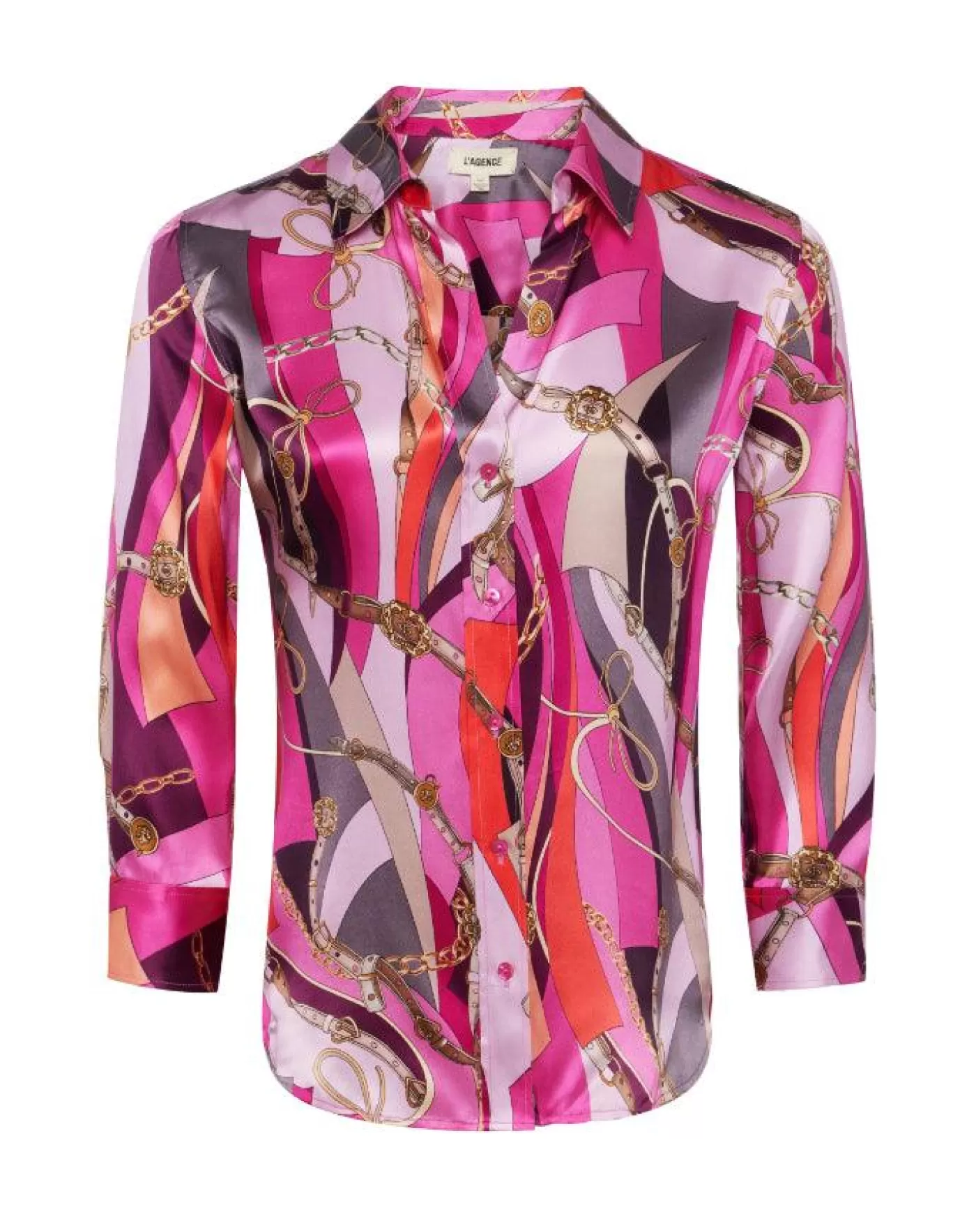 L'Agence Dani Pink Multi Buckle Swirl Print Blouse PINKMULTIBUCKLESWIRL Hot