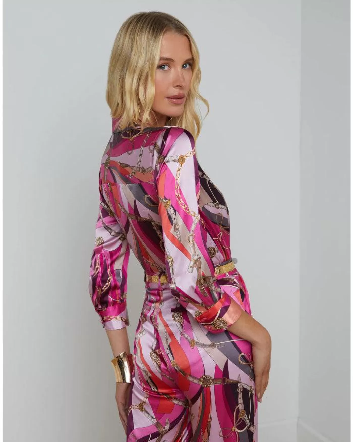 L'Agence Dani Pink Multi Buckle Swirl Print Blouse PINKMULTIBUCKLESWIRL Hot