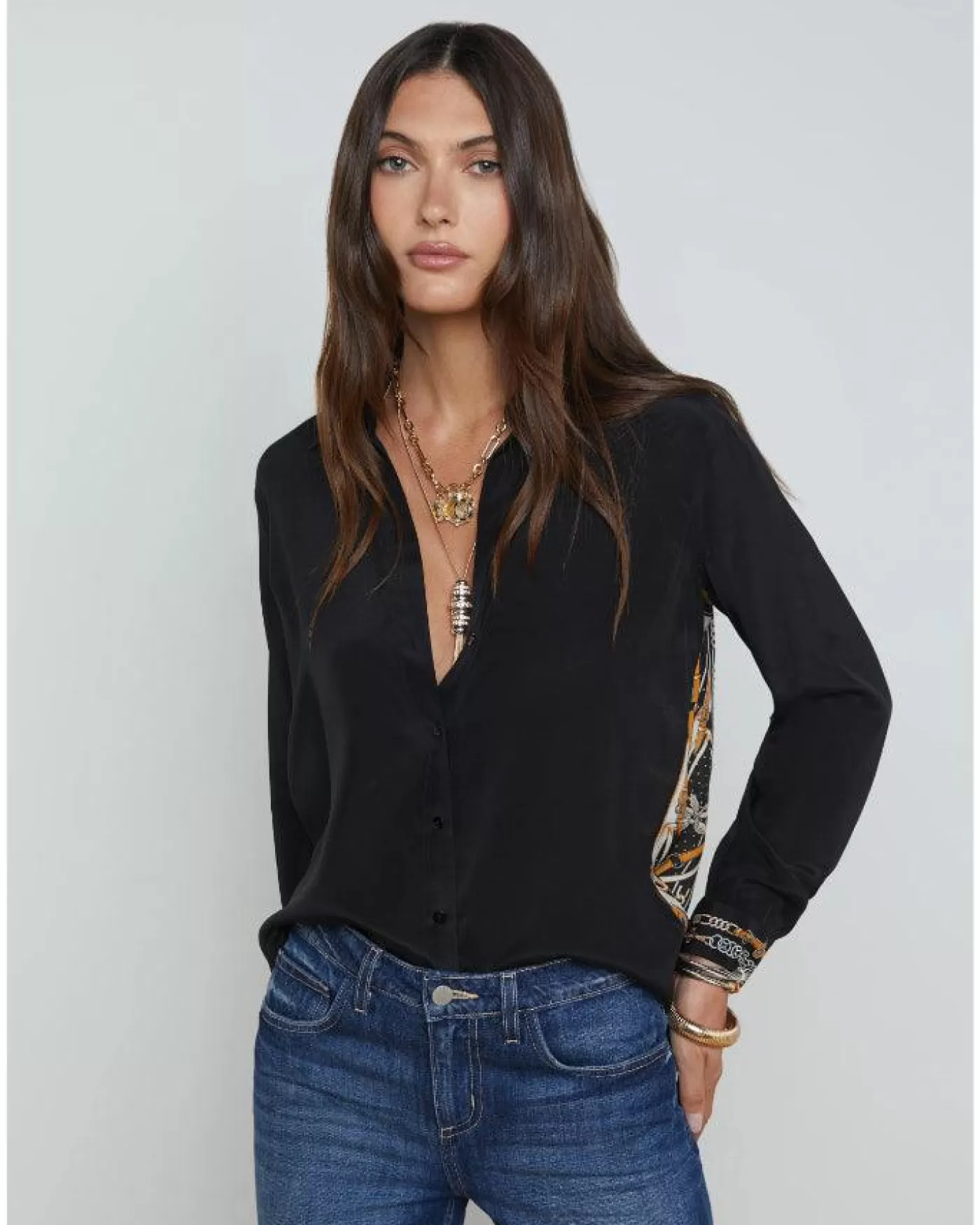 L'Agence Gio Blouse BLACK/CAMELBUCKLESCARF Best Sale