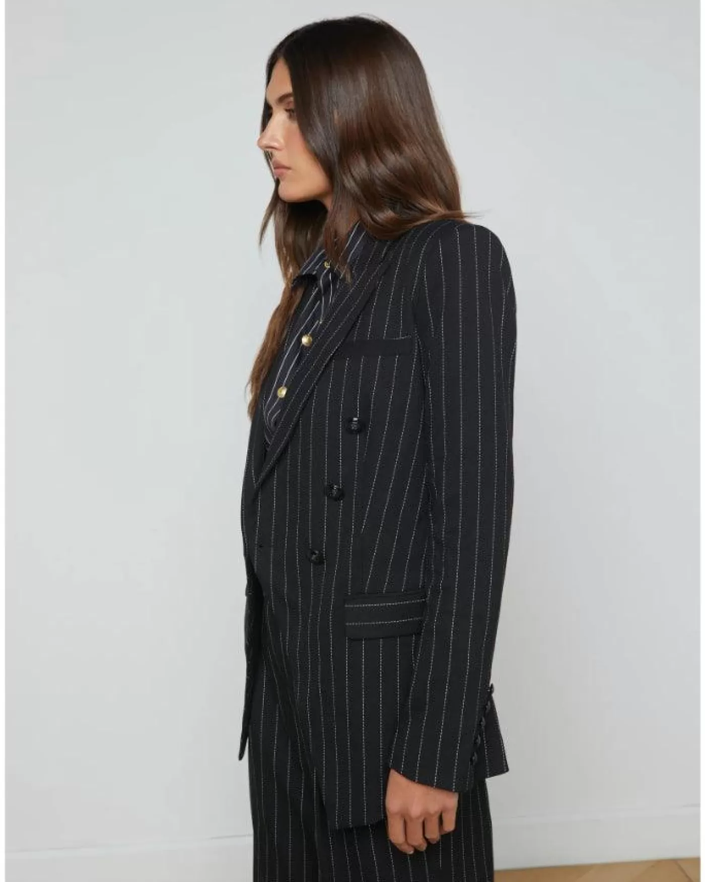 L'Agence Kendi Pinstriped Long Blazer BLACK/ECRU Best Sale