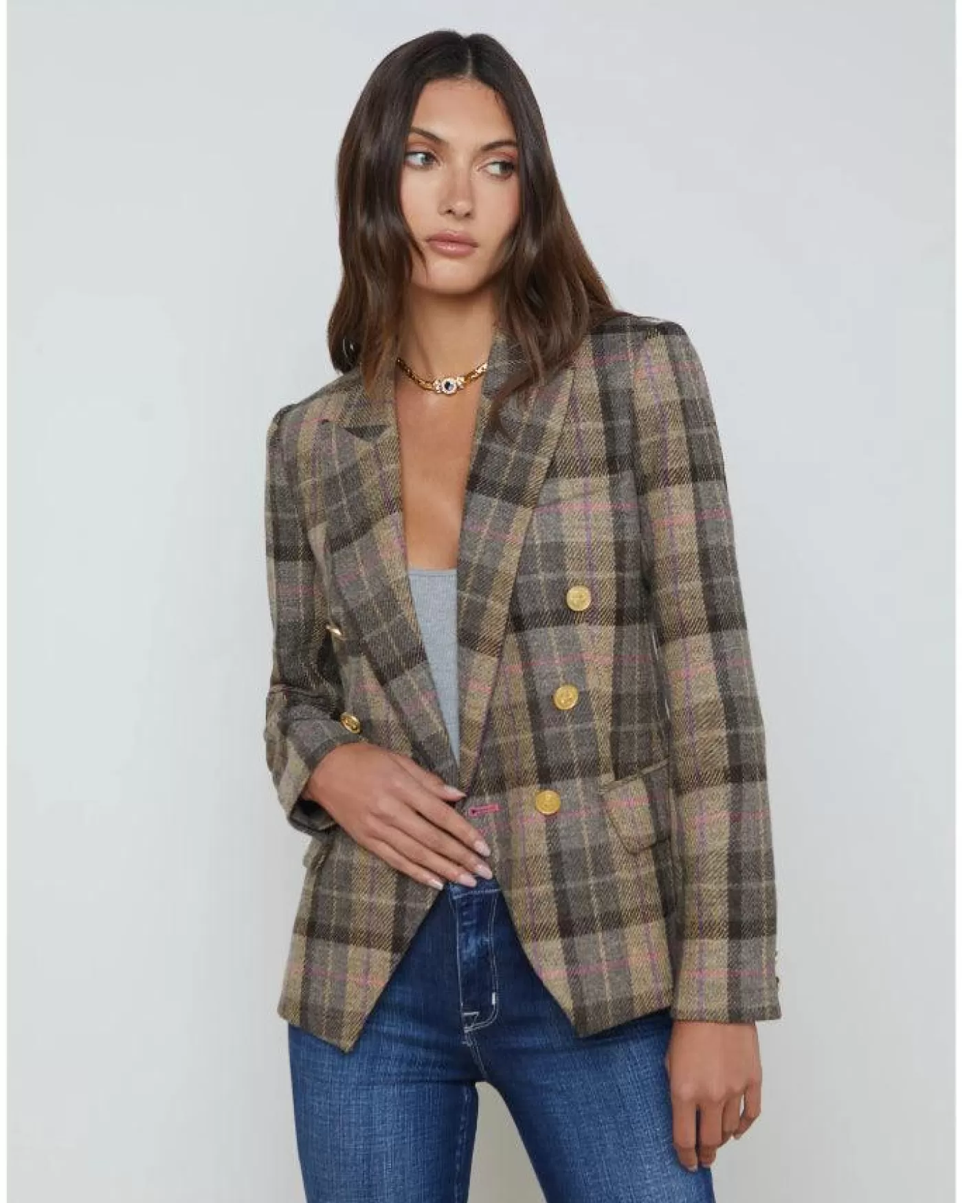 L'Agence Kenzie Plaid Double Breasted Blazer TAN/PINKMULTIPLAID Shop