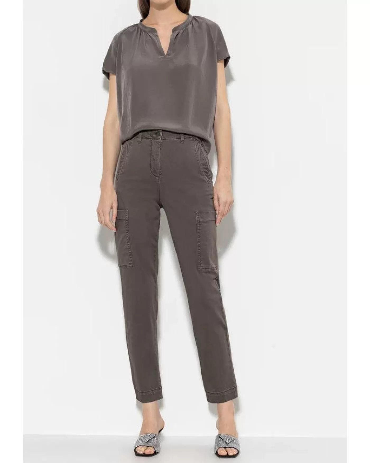 Luisa Cerano High Stretch Tappered Denim Cargo Pant TAUPE Clearance