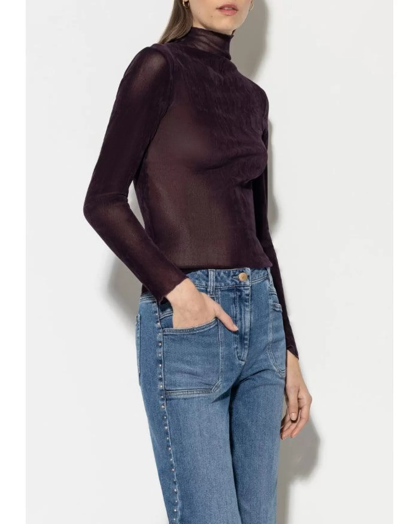 Luisa Cerano Velvet Look Mesh Turtleneck BURGUNDY Cheap