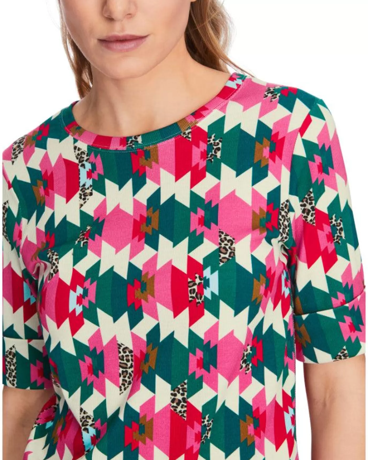 Marc Cain Colorful Print Ribbed Top DRAGONFRUIT Online
