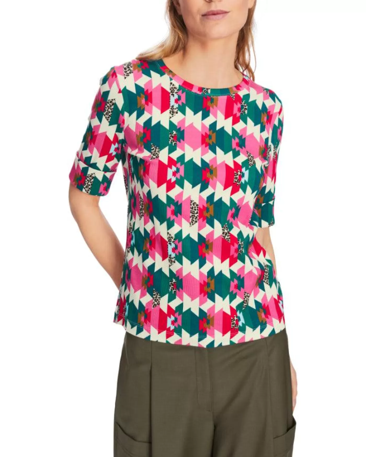 Marc Cain Colorful Print Ribbed Top DRAGONFRUIT Online