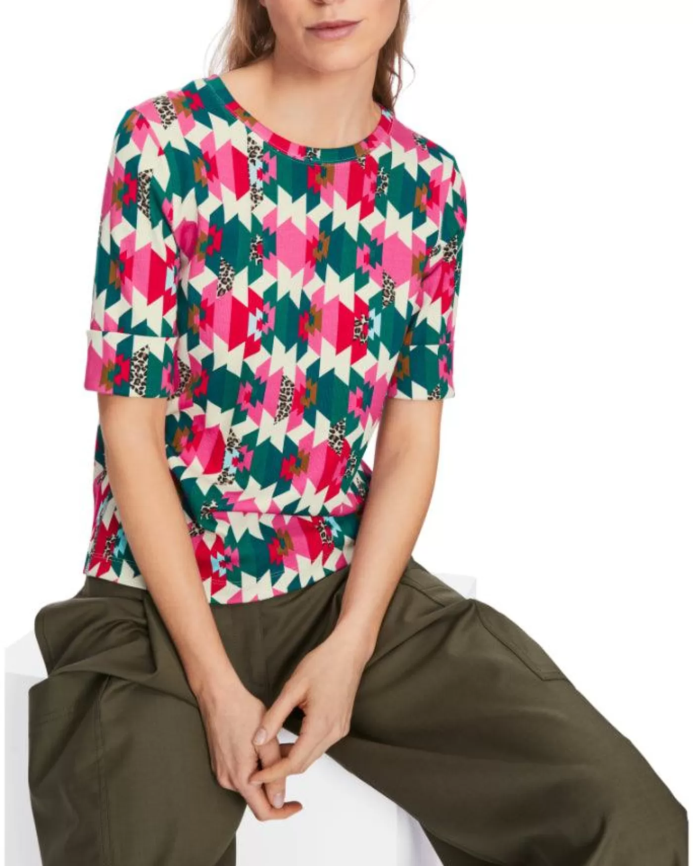 Marc Cain Colorful Print Ribbed Top DRAGONFRUIT Online