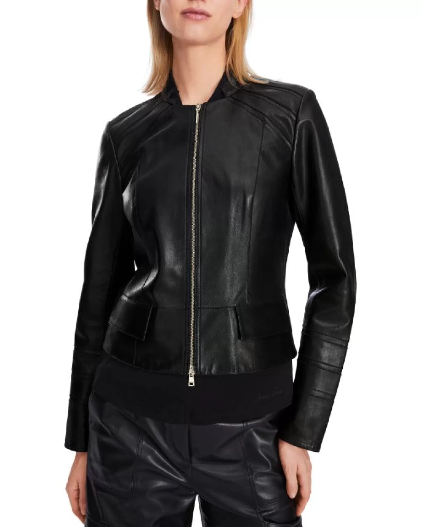 Marc Cain Leather Zip Jacket with Insert Details Black Best Sale