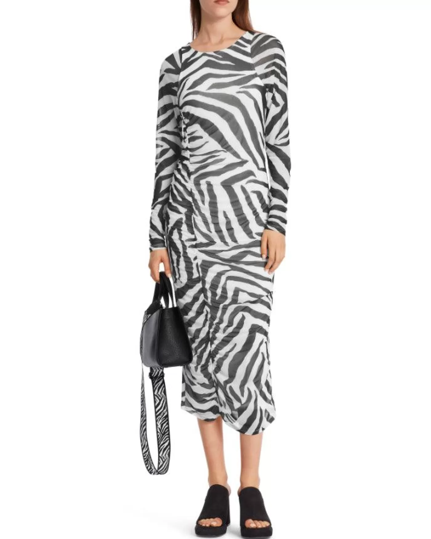 Marc Cain Zebra Print Smocked Mesh Dress WHITE/BLACK Online