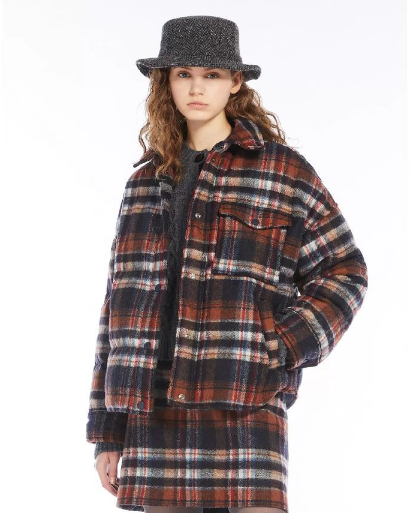 Max Mara Weekend Dover Check Flannel Down Jacket REDBROWN Outlet