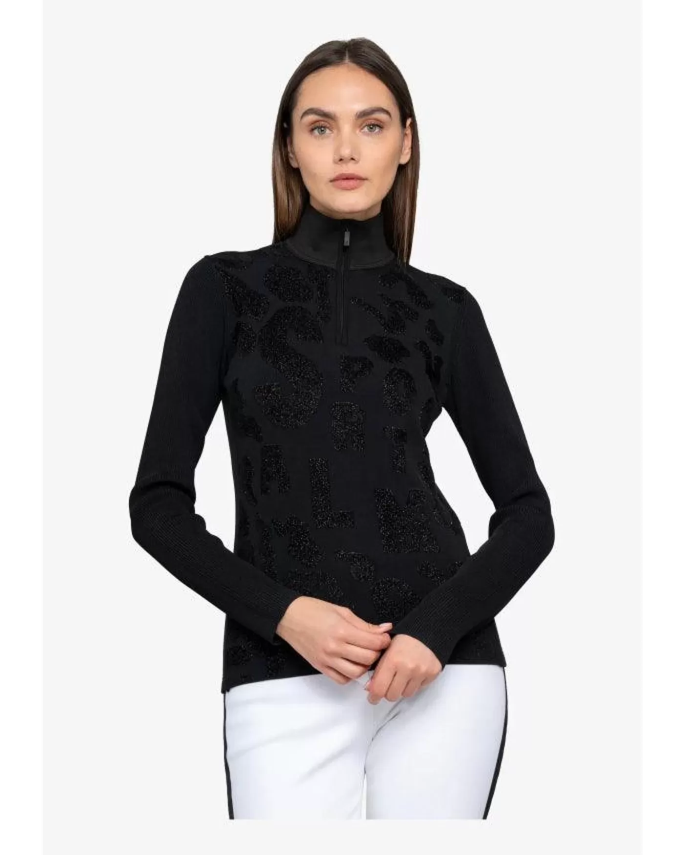 Sportalm Pattern Front Zip Split Neck Pullover BLACK Clearance